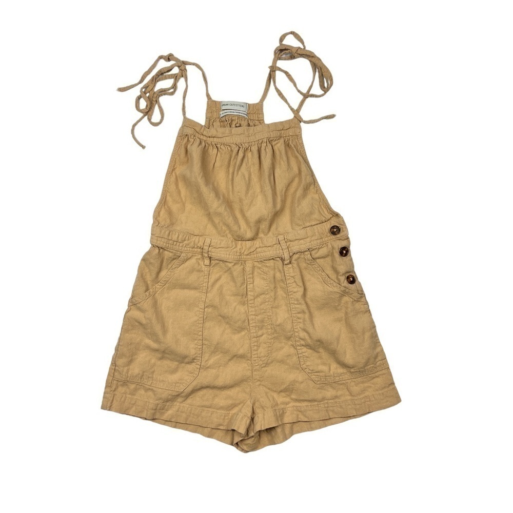 Urban Outfitters Tan Brown Ivy Tie Shoulder Linen Shortall Overalls - Picture 2 of 6